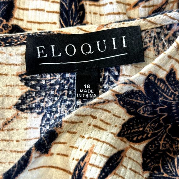 ELOQUII Floral Puff Sleeve‎ Tiered Cotton Midi Dress Cream Navy Blue Women's 16 - Picture 3 of 11